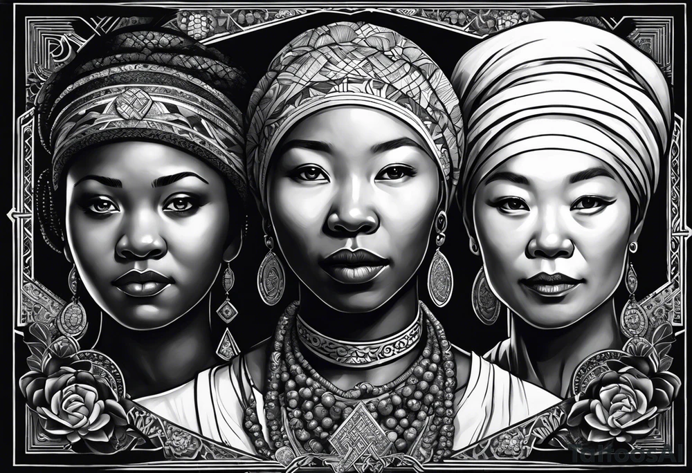 three  people side by side. a really really young black Daughter on the left, a white mother in the middle, really really old asian grandmother on the right. greater age difference, in an artfully decorated frame tattoo idea