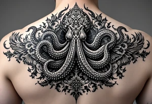 powerful majestic octopus, surrounded by floral ornaments and birds tattoo idea