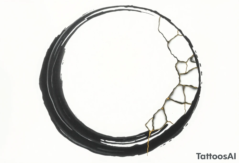 A Japanese‑inspired tattoo of a thick Zen ensō circle, drawn with a bold, hand‑painted black ink brushstroke. The circle is imperfect and organic, with visible texture and subtle variation in line thickness. About the last quarter of the circle, near the top‑right, transforms into a cracked ceramic segment that has been repaired using kintsugi: visible broken pieces outlined and joined by thin, flowing gold lines. There should be a couple big pieces of ceramic and no small ones. The circle and the ceramic part should have the same thickness. The gold seams follow the natural fractures of the ceramic section, creating several branching cracks rather than a single line, clearly distinguishing this repaired portion from the rest of the smooth ink circle. The transition from ink to ceramic should feel natural, as if the painted circle solidifies into a fragile object that has been lovingly mended. Keep the interior of the circle empty, with a clean white background and no extra symbols or text. Design it as a black and gray tattoo with a subtle metallic gold effect on the kintsugi seams, suitable for a medium‑sized placement on the back of the bicep. tattoo idea