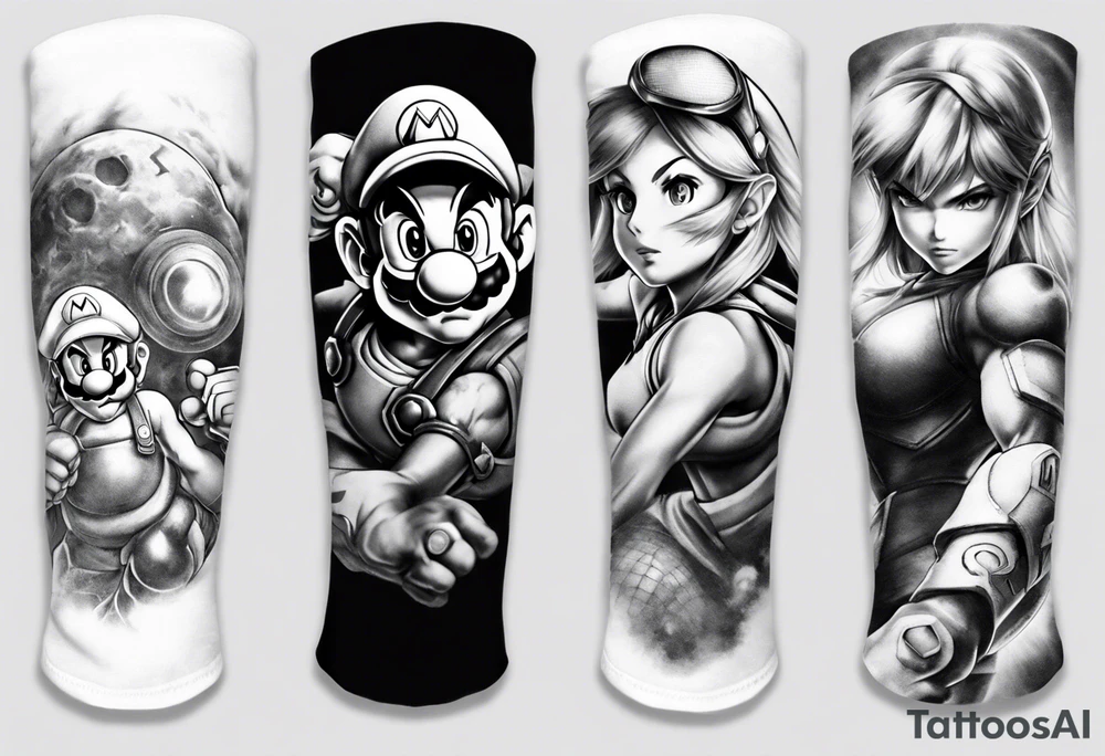 Arm sleeve with Mario, Samus Aran and Link in a realistic anime style tattoo idea