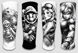Arm sleeve with Mario, Samus Aran and Link in a realistic anime style tattoo idea