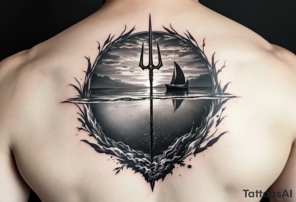 trident half way under calm water with sanger DXII boat and sunset with hidden waldo tattoo idea