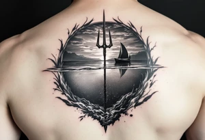 trident half way under calm water with sanger DXII boat and sunset with hidden waldo tattoo idea