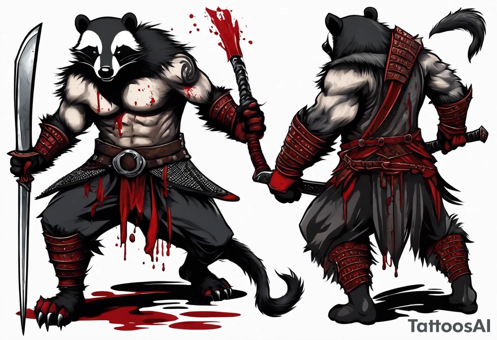 Draw me psychopath Badger/Berserker with aggressive full body, killer face with a scary smile, very long nails and he attacks like a Bloody Assassin/Warrior/Gladiator to us and also, he has very deadly looking. He fights with his nails. Everybody scares after their first sight. Give me horror type Badger Tattoo. I want to see his Realistic full body. tattoo idea