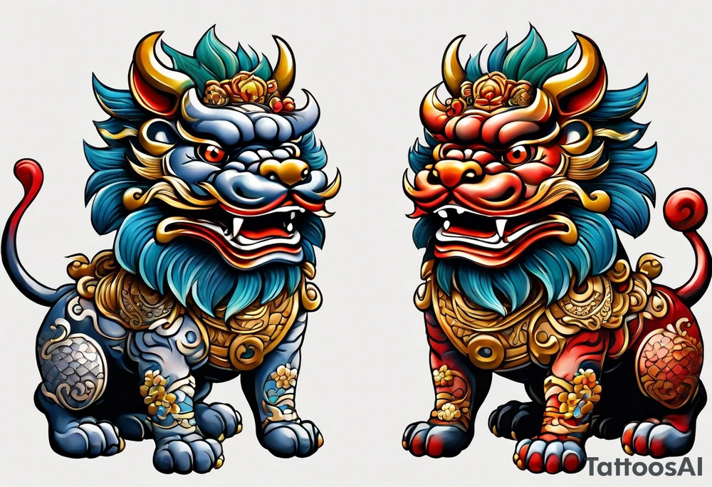 Pair of full bodied traditional Okinawa shisa, one has mouth closed, the other one, has mouth open. tattoo idea