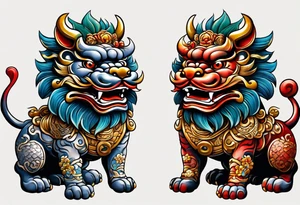 Pair of full bodied traditional Okinawa shisa, one has mouth closed, the other one, has mouth open. tattoo idea
