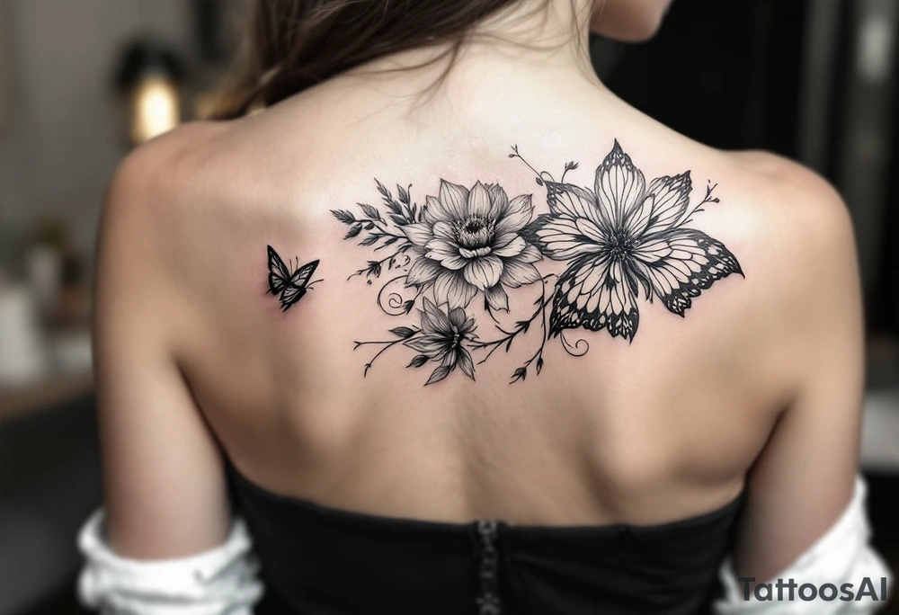 Bird flower and butterfly tattoo idea