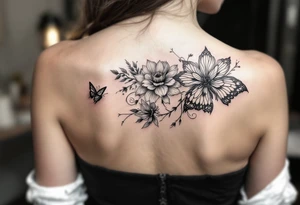 Bird flower and butterfly tattoo idea
