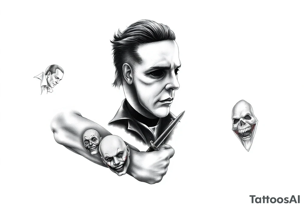 Left full arm sleeve. Michael Myers is the largest and main focal point. It should have the other horror characters like Jason, Freddy, the clown from saw, sam, the leprechaun,  chuckie, pin head, art the clown, leather face penny wise. tattoo idea