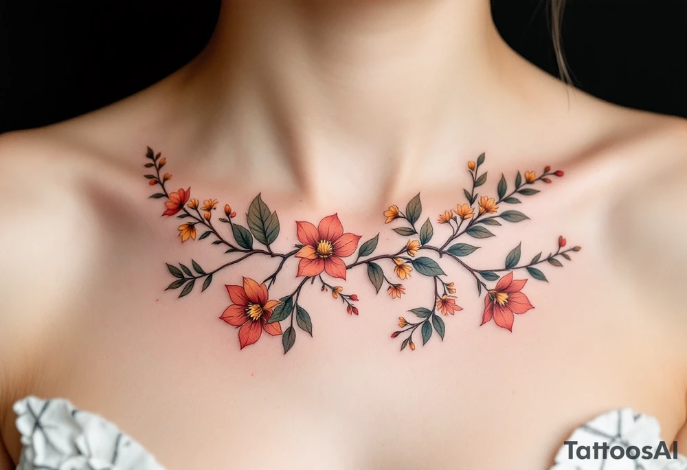 Two separate collarbone tattoos of long, stems and branches covered with red, orange, yellow and dark forest green leaves and flowers, fall themed, muted, delicate and gentle but moody, long and thin, following the collarbone. More muted, not so bright, darker colors tattoo idea