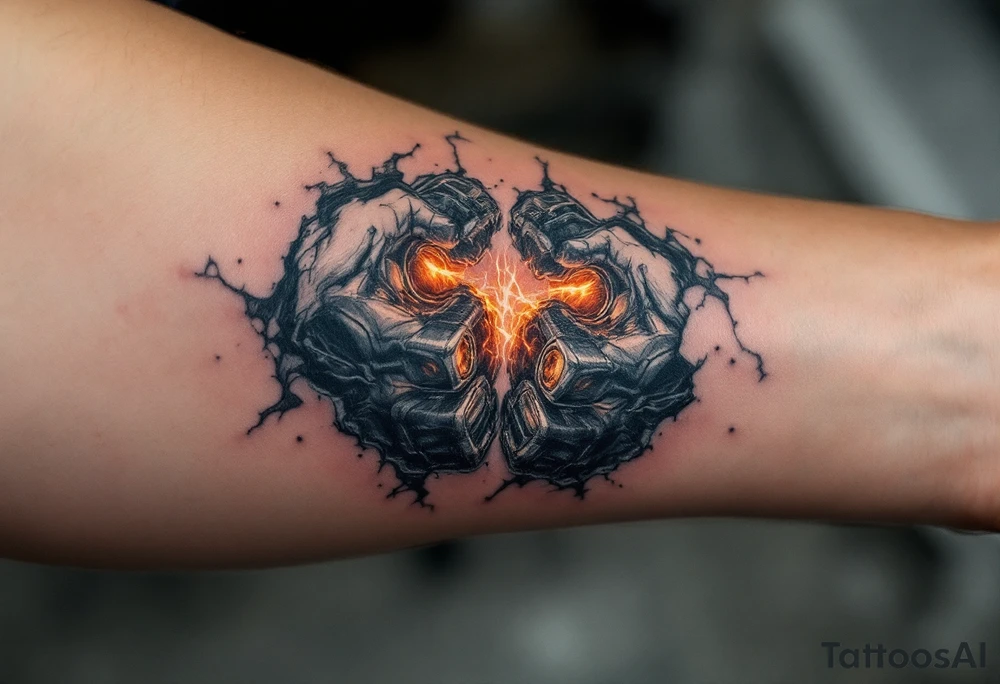 A ripped-skin illusion showing carbon fiber muscles and glowing orange pistons in motion. tattoo idea