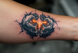 A ripped-skin illusion showing carbon fiber muscles and glowing orange pistons in motion. tattoo idea