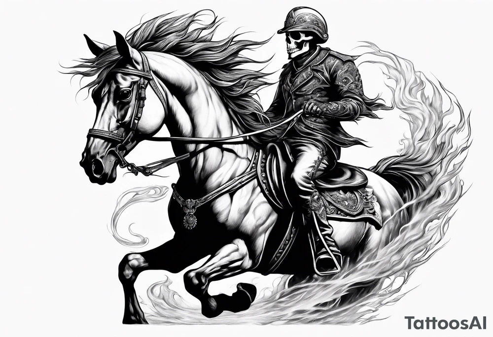 Skeleton riding flaming horse tattoo idea