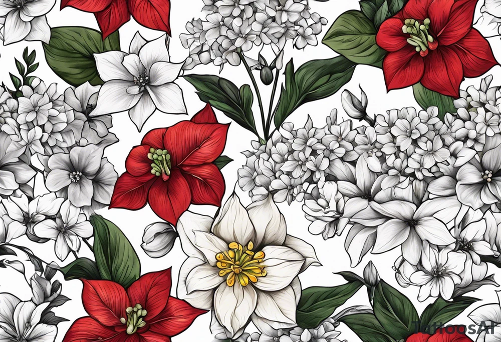 Hydrangea, Narcissus, Poinsettia, Holly, Gladiolus, Poppy, Daisy, Sweet Pea floral tattoo idea