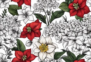 Hydrangea, Narcissus, Poinsettia, Holly, Gladiolus, Poppy, Daisy, Sweet Pea floral tattoo idea