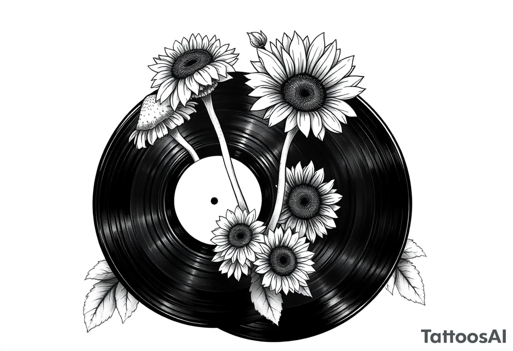 two overlapping vinyl records with mushrooms and sunflowers tattoo idea