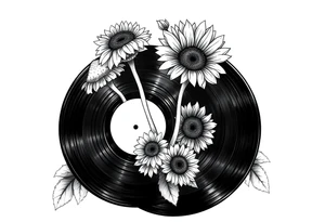 two overlapping vinyl records with mushrooms and sunflowers tattoo idea