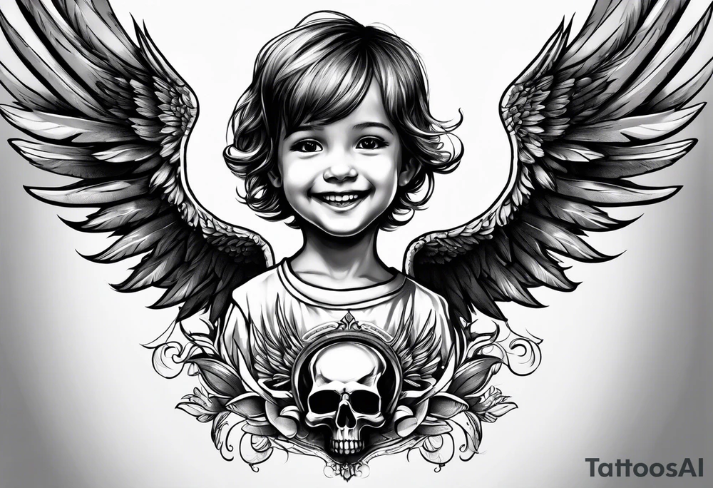 Kid smiling looking up at angel of death tattoo idea