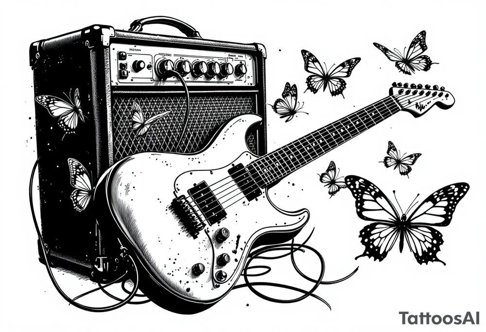 An electric guitar plugged into an amp with 5 butterflies flying around it tattoo idea