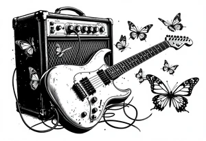 An electric guitar plugged into an amp with 5 butterflies flying around it tattoo idea