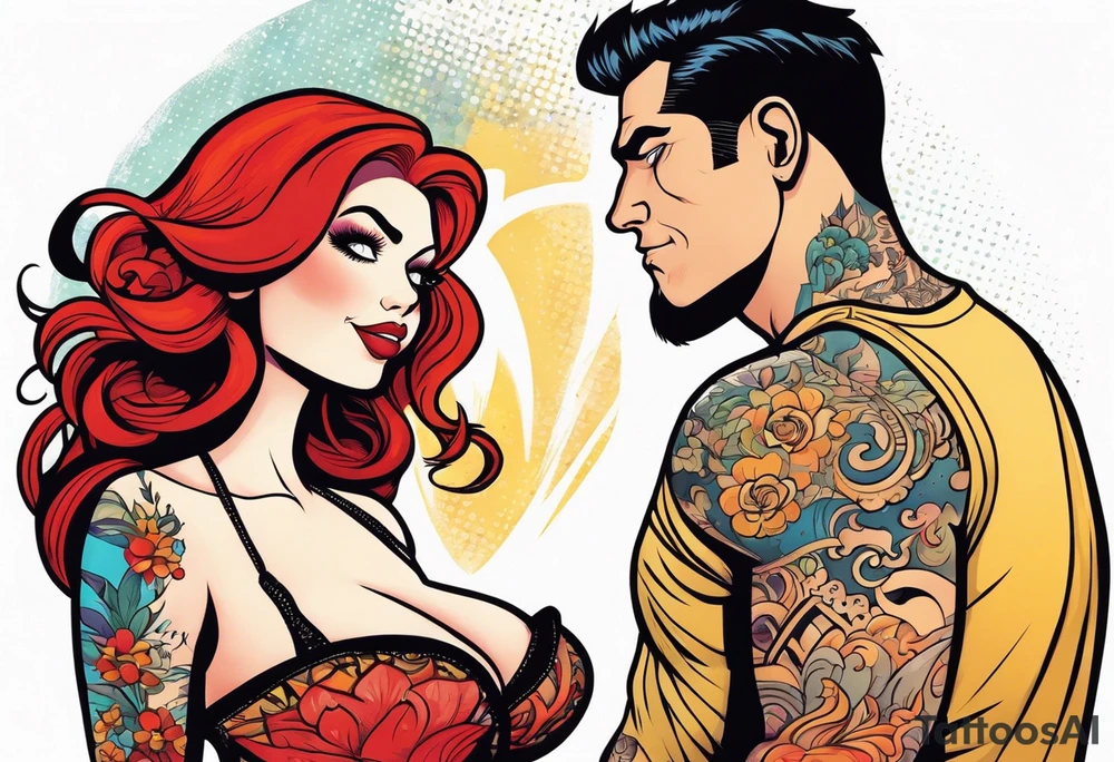 Busty Red haired woman with tall black haired man tattoo idea
