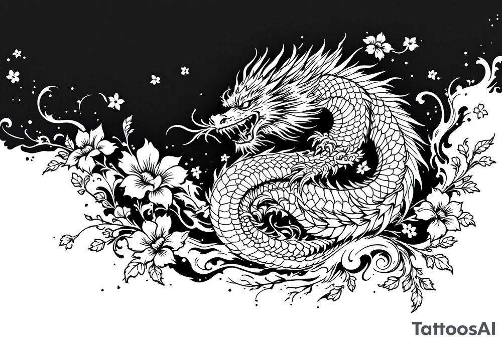 un dragon central entouré de fleurs de lys tattoo idea