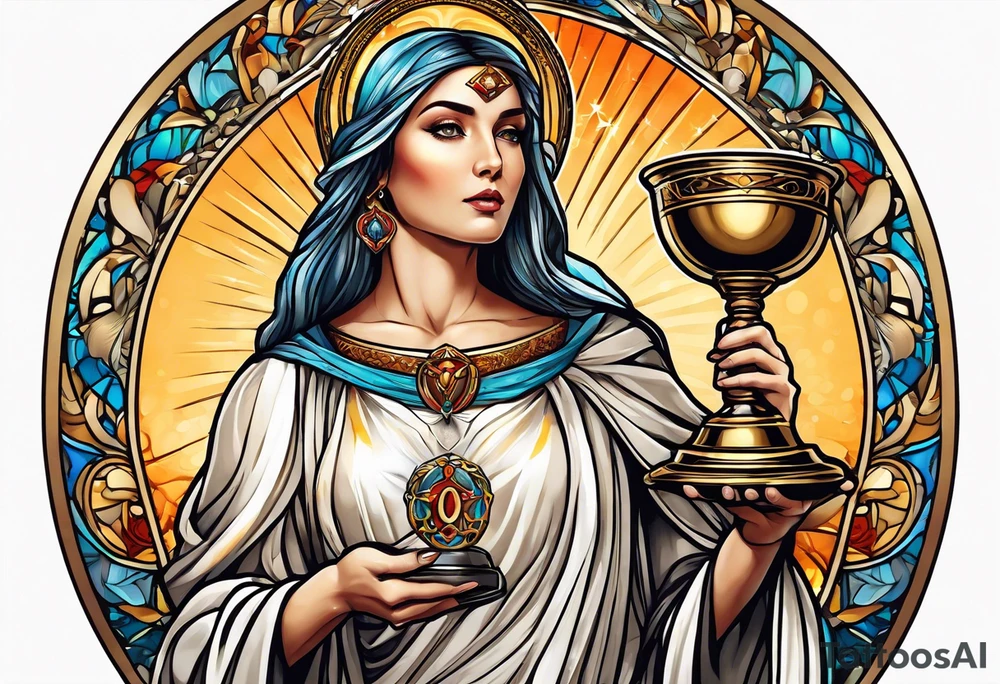 holy saint woman with halo holding a chalice tattoo idea