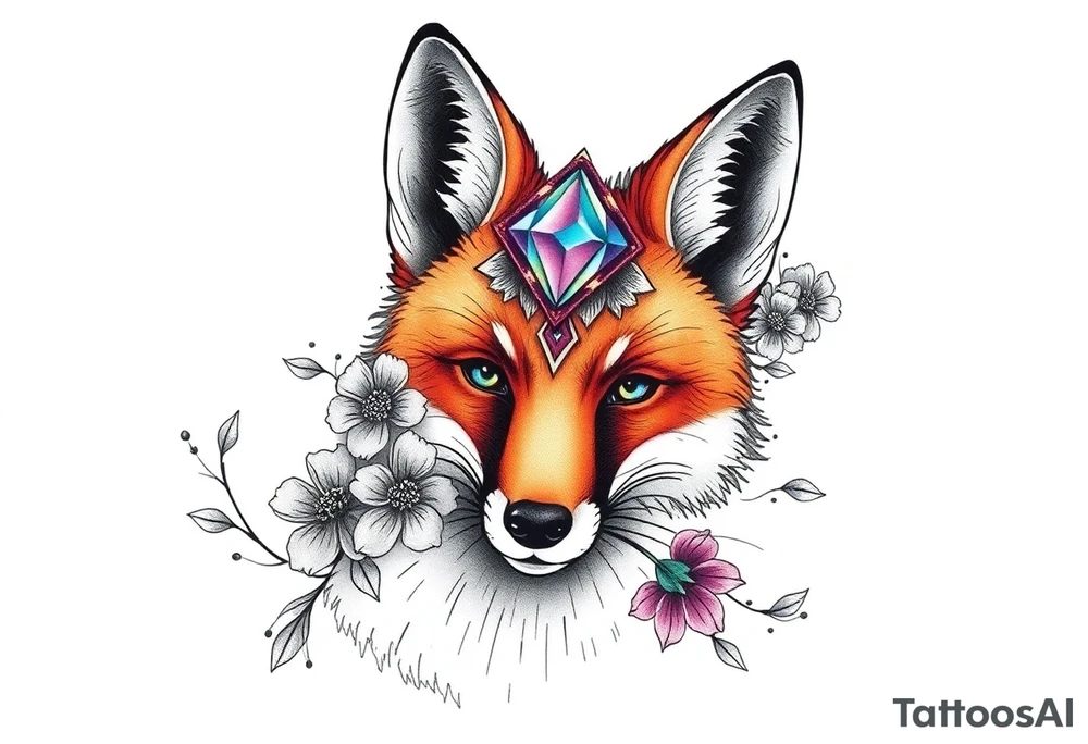 adult fox with mystical blue jewel on forehead smelling wild flowers tattoo idea