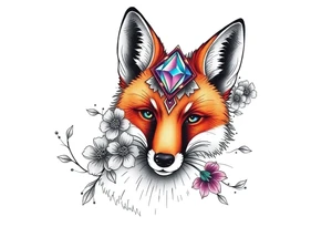 adult fox with mystical blue jewel on forehead smelling wild flowers tattoo idea