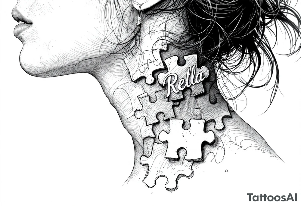 side of the neck puzzle piece tattoo where one of the pieces says Rella tattoo idea