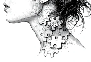 side of the neck puzzle piece tattoo where one of the pieces says Rella tattoo idea