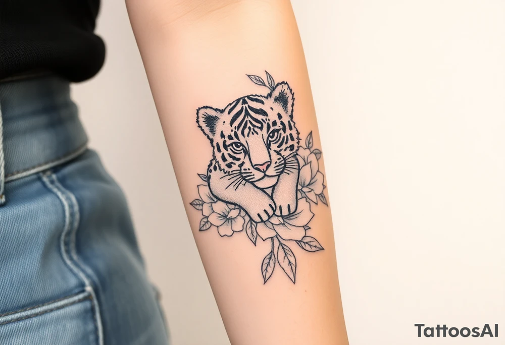 Floral tattoo with baby tiger in the flowers 🌺 tattoo idea