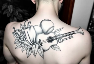 Super hot pepper plants, hot sauce, baseball, acoustic guitar, trumpet, with a gardening background tattoo idea