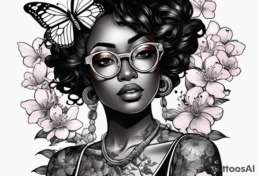 Black dark-skinned Female with glasses with butterflies and sakura blossoms around her with the lettering " Nisha " Underneath lettering "Nisha" Underneath. tattoo idea