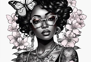 Black dark-skinned Female with glasses with butterflies and sakura blossoms around her with the lettering " Nisha " Underneath lettering "Nisha" Underneath. tattoo idea