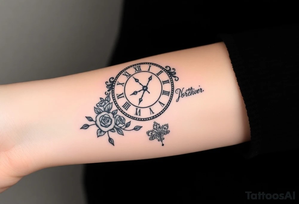 Roman clock with roses and a crown,  a quote that says nothings forever. and on the bottom a deck of cards tattoo idea