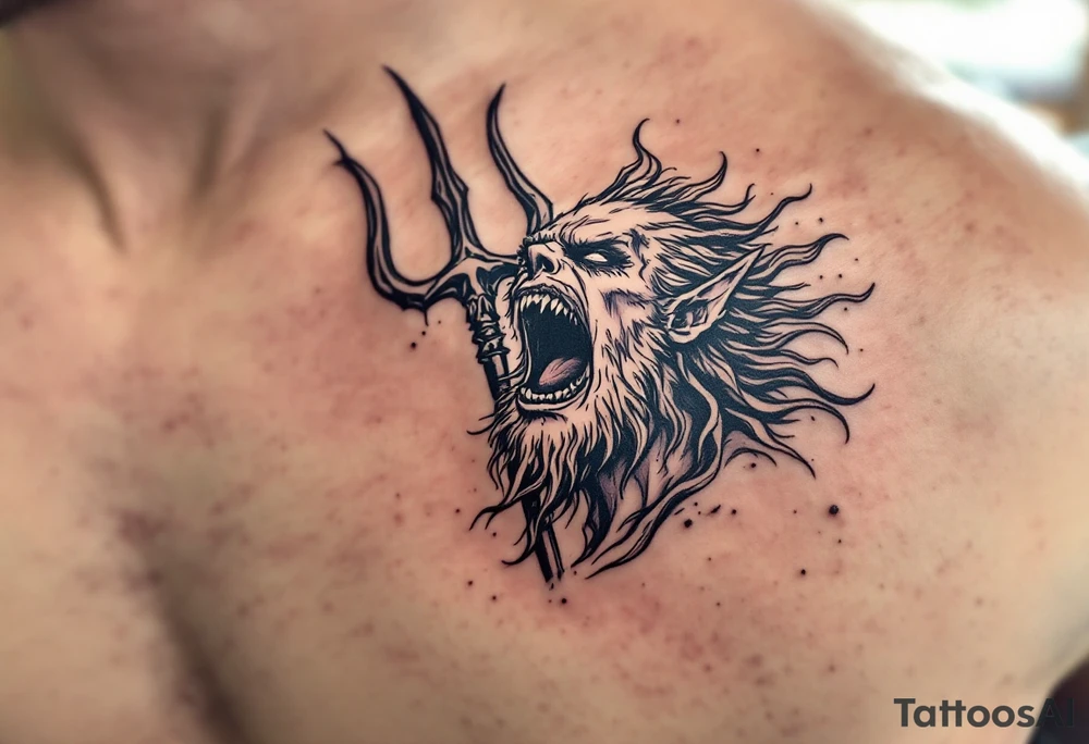 screaming poseidon, behind a trident, looking at the sky tattoo idea