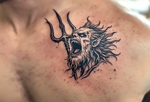 screaming poseidon, behind a trident, looking at the sky tattoo idea