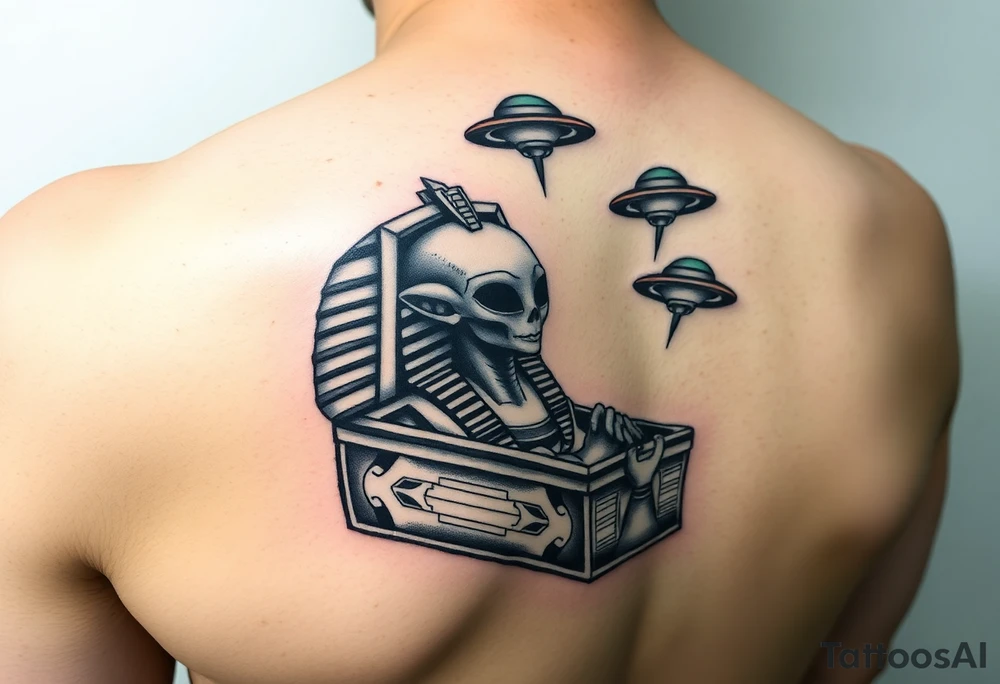 "Pharaoh's sarcophagus opening to reveal a grey alien. Floating UFOs are shaped Impalas .  

Style: Neo-traditional tattoo with glitch effects. Colors: turquoise/black/neon green." tattoo idea
