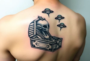 "Pharaoh's sarcophagus opening to reveal a grey alien. Floating UFOs are shaped Impalas .  

Style: Neo-traditional tattoo with glitch effects. Colors: turquoise/black/neon green." tattoo idea