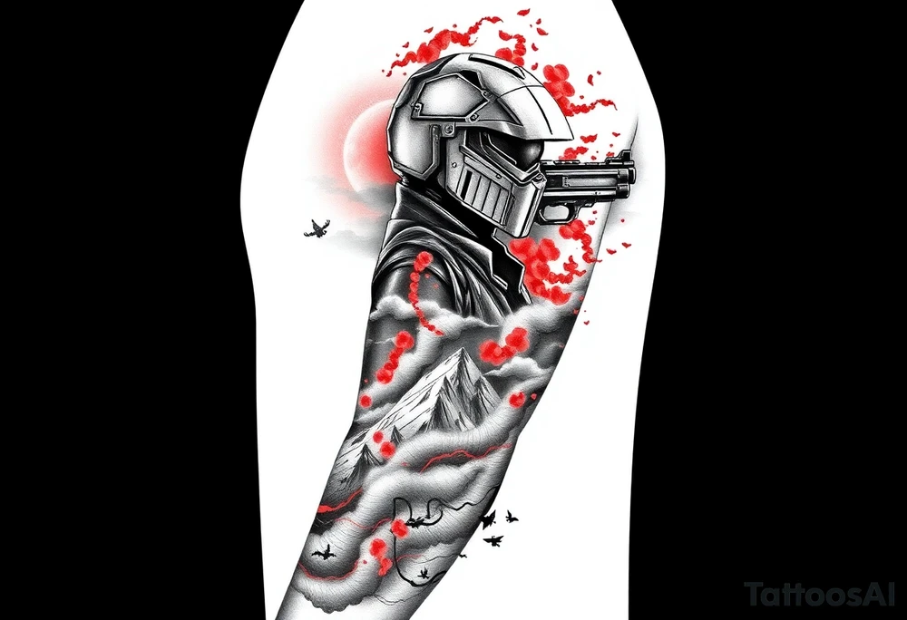 Full arm sleeve tattoo design, black and grey sketch incorporating the following:
Halo Reach: skyline in storm clouds with ember-red glow, emille silhouette in distance.
Ghost of Tsushima: Jin Sakai face and mask, katana behind, with flowing blood-red cherry blossoms drifting across.
Helldivers 2: silhouettes of Helldivers dropping from pods through smoke and sparks (orange sparks glowing), wrapping around the elbow area.
DOOM Eternal: hyper-realistic Doom Slayer silhouette with super shotgun over shoulder, fire and flames around



Inner left arm: Firewatch tower in silhouette on ridges, orange and purple dusk glow blending into smoke. tattoo idea