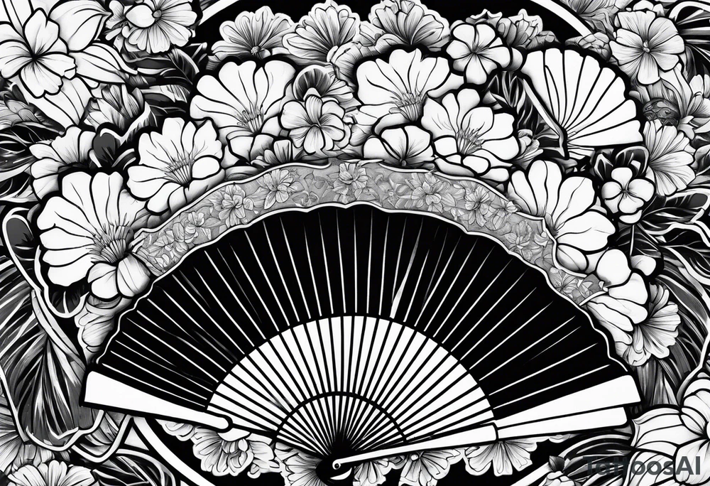 All Black Japanese fan with flowers behind it tattoo idea