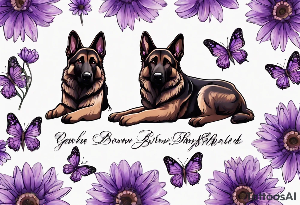 Dark brown German shepherd with purple daisies tattoo idea