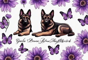 Dark brown German shepherd with purple daisies tattoo idea