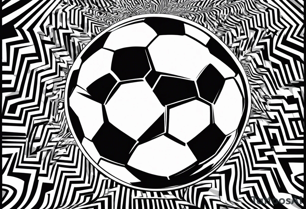 Un tatuaje en blanco y negro de un rayo estilizado que atraviesa la imagen en diagonal. Dentro del rayo, hay un balón de fútbol, manteniendo el mismo estilo de cómic con líneas gruesas y sombreados. El diseño debe conservar la misma disposición y sensación de movimiento, con el balón de fútbol ocupando el lugar central dentro del rayo. tattoo idea