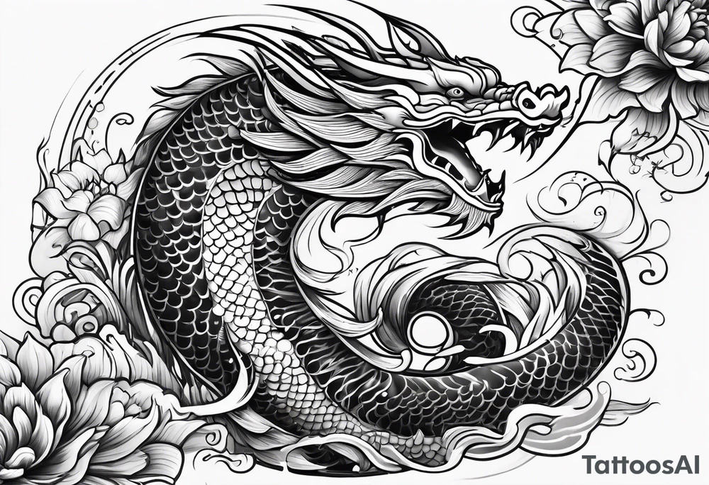 Asian Māori dragon, koi, water, black tattoo idea