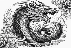 Asian Māori dragon, koi, water, black tattoo idea