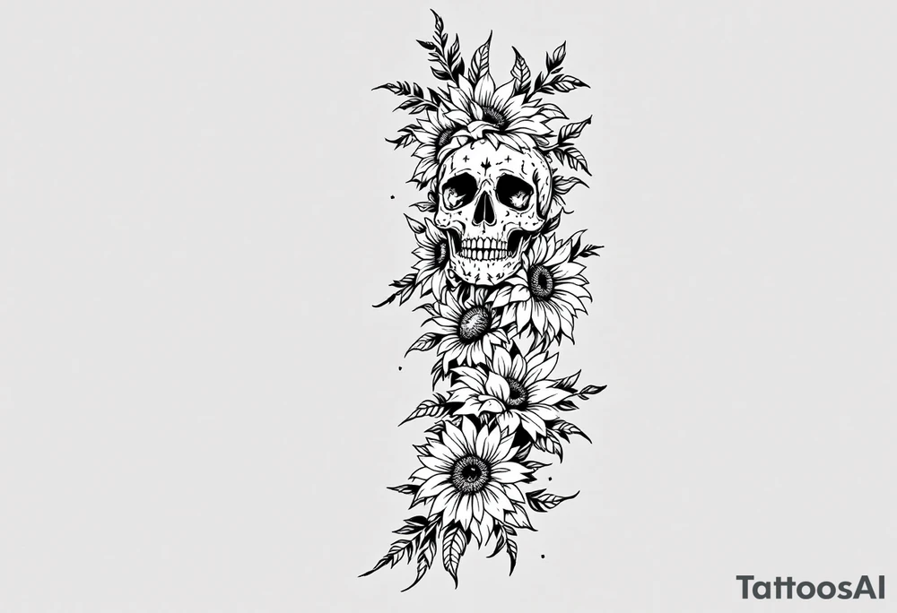 ornate skull adorned with wild roses and sunflowers tattoo idea