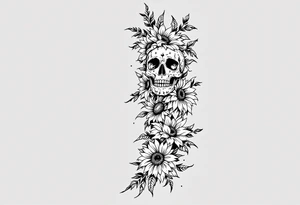 ornate skull adorned with wild roses and sunflowers tattoo idea