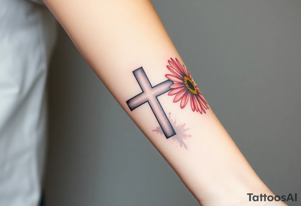 Gerber daisys behind negative space cross for forearm tattoo idea